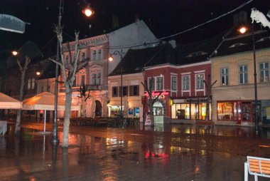 Sibiu, Romanya - 10 Nisan 2010. Ortaçağ Sibiu-Hermannstadt, Transilvanya, Romanya 'daki tarihi eski binaların manzarası