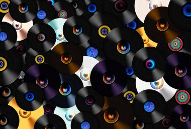 Grafik etiketli çok renkli Vinil LP kayıtları, tam arkaplan
