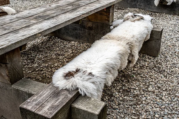 Old Rustic Wooden Bench Sheepskin — Stock Photo, Image