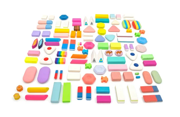 Various Shapes Colors Erasers Arranged Isolated White Background — Zdjęcie stockowe