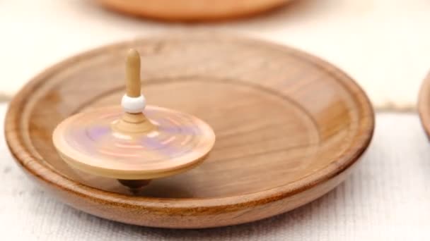 Spinning Tops Made Wood Moving Wooden Stand — Stock Video