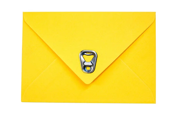Yellow Vintage Paper Envelope Old Metallic Soda Can Ring Pull — Stock Photo, Image