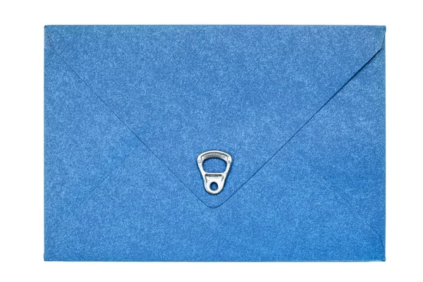 Голубой Винтажный Бумажный Конверт Алюминием Тянуть Кольцо Изолированы Белом — стоковое фото