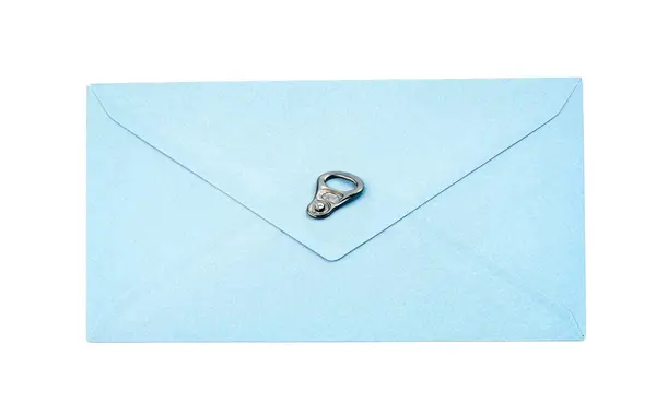 Blue Vintage Paper Envelope Aluminum Can Ring Pull Isolated White — Stock Photo, Image