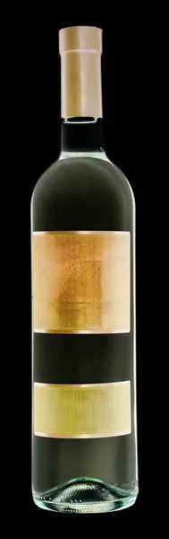 Fles Wijn Met Etiketten Zwarte Achtergrond — Stockfoto