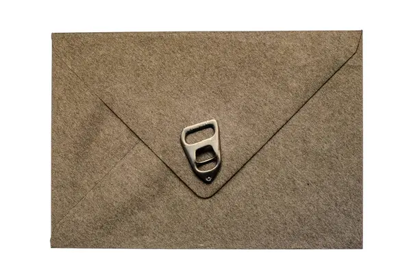 Bruine Vintage Papieren Envelop Met Oude Metalen Frisdrank Kan Ring — Stockfoto