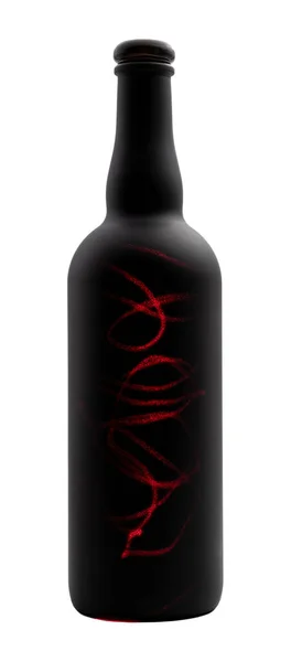 Matte Black Wine Bottle Red Laser Lines Painting White Background — Stock Photo, Image