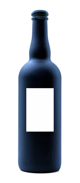 Matte Blauwe Wijnfles Met Etiket Witte Achtergrond — Stockfoto