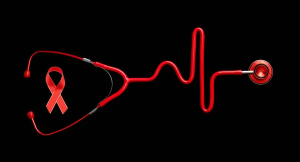 Stethoskop Form Eines Herzschlags Auf Einem Ekg Mit Rotem Seidenband — Stockfoto