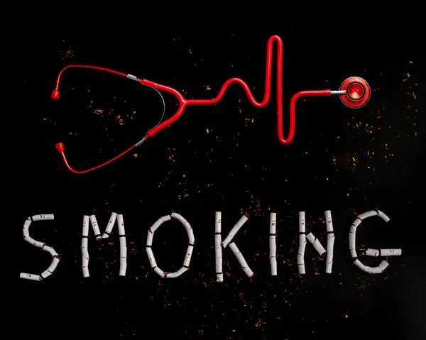 Stethoscope Shape Heart Beat Ekg Text Smoking Made Broken Cigarettes — Stock Photo, Image