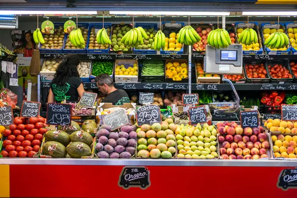 stock image Malaga, Spain - August 28, 2018. iAn inner view of Central Market Atarazanas (Mercado Central Atarazanas) located in city center. View of meat and fish stalls inside the main city market