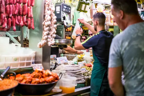 stock image Malaga, Spain - August 28, 2018. iAn inner view of Central Market Atarazanas (Mercado Central Atarazanas) located in city center. View of meat and fish stalls inside the main city market