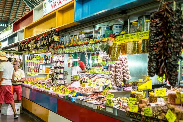 stock image Malaga, Spain - August 28, 2018. iAn inner view of Central Market Atarazanas (Mercado Central Atarazanas) located in city center. View of meat and fish stalls inside the main city market