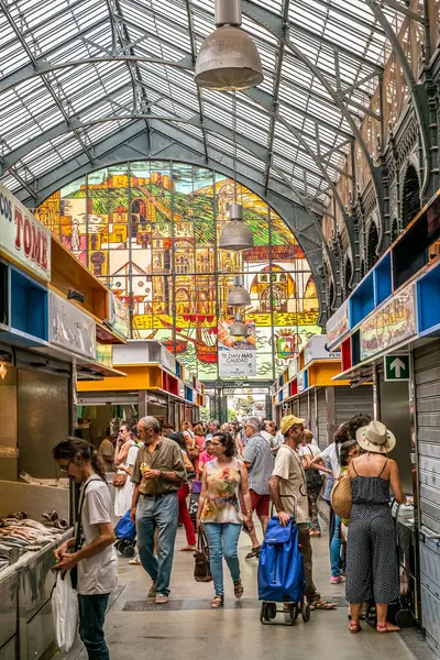 stock image Malaga, Spain - August 28, 2018. iAn inner view of Central Market Atarazanas (Mercado Central Atarazanas) located in city center. View of meat and fish stalls inside the main city market