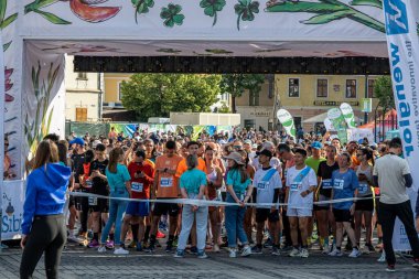 Sibiu City, Romanya - 25 Mayıs 2024. İnsanlar dışarıda spor yapıyor ya da granit küplerden yolda kardiyo eğitimi alıyorlar.