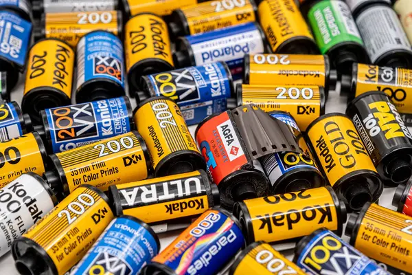 stock image Sibiu, Romania - April 04, 2024. Empty 35mm film canisters from developed film