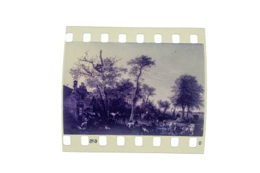Sibiu, Romanya - 14 Nisan 2024. Retro 35 mm analog pozitif film sanatsal slaytlar