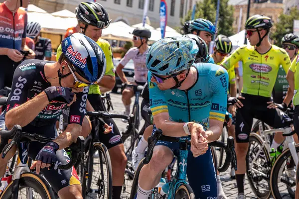 stock image Sibiu City, Romania - 09 July 2024. cyclists before the start of Stage 4 of the Sibiu Ciclyng Tour 2024