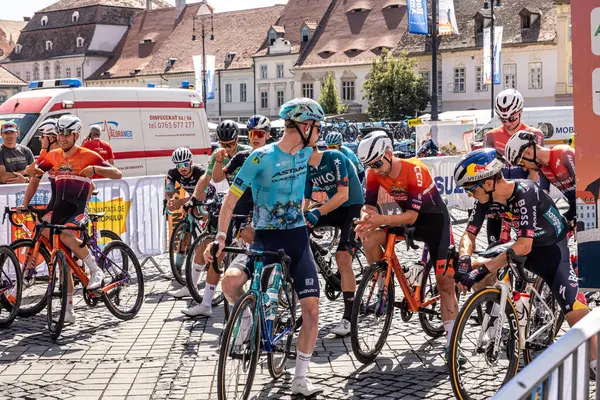 stock image Sibiu City, Romania - 08 July 2024. cyclists before the start of Stage 3 of the Sibiu Ciclyng Tour 2024