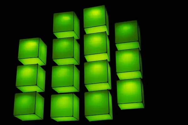 stock image Multiverse, green cubes floating in the air in the dark background