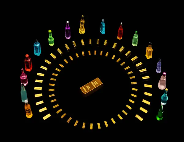 stock image gold bars with miniature bottles of alcohol without labels on on black background