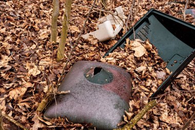 Kırık Katolik Elektron Işınlama Tüpü Eski TV Ormanda mahvolmuş televizyon çöpleri, Ormanda çöp yığınları, yasadışı çöplükler, Orman kirliliği