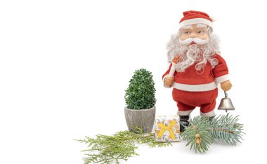 Noel tatili çerçeveli sınır pankartı Noel Baba 'ya özel boş beyaz baston, köknar dalları ve ağaçlarla süslenmiş.