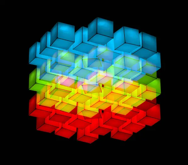 stock image red green blue cubes floating in the air in the dark background