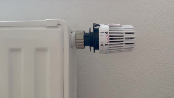 Hand Woman Adjusting Thermostat Valve Heating Radiator Room — Wideo stockowe