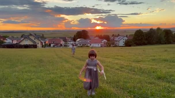 Little Brother Sister Having Fun Running Grass Field Front Houses — Wideo stockowe