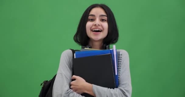 Happy Young Female Student Carrying File Folders Backpack — Stock Video