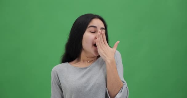 Tired Woman Yawning Covering Open Mouth Hand — Stock Video