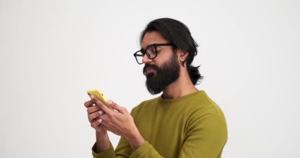 Sleepless Bearded Young Man Dressed Tshirt Yawning Scrolling Social Media — Stock Video