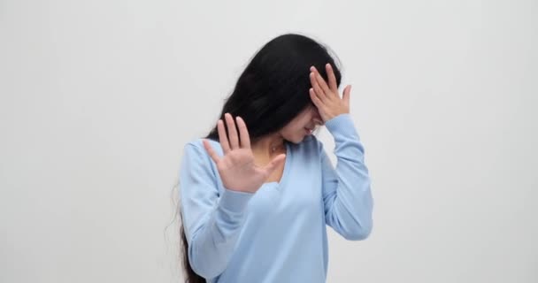Terrified Woman Showing Stop Gesture Palm Her Hand — Stock Video
