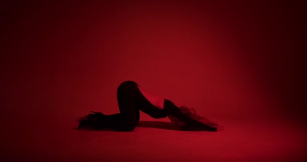 Kıvırcık Saçlı Dansçı Kırmızı Arka Planda Büyüleyici Bir Yüksek Topuklu — Stok video