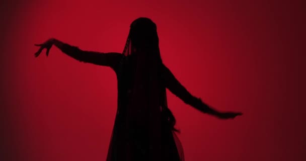 穿着莎丽服的年轻印度妇女以富有表现力的手势和流畅的动作来移动 展现了这种古老艺术形式的优雅和精致 在红色背景下跳舞 — 图库视频影像