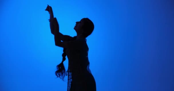 Silhouet Van Een Getalenteerde Jonge Indiase Danseres Gekleed Een Sari — Stockvideo