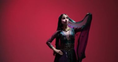 Genç bir Hintli kadının dinamik ve renkli Bharatanatyam dansı performansı. Çekici kıyafetleri ve takıları, becerikli koreografisi ve yüz ifadeleriyle birleşti..