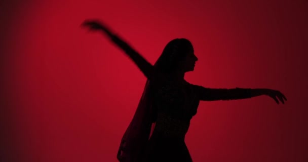 Sullo Sfondo Rosso Una Giovane Silhouette Fluida Femminile Muove Con — Video Stock