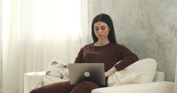 Mulher Caucasiana Pijama Sentada Sofá Totalmente Envolvida Seu Trabalho Laptop — Vídeo de Stock