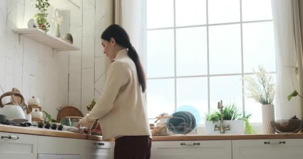Mujer Caucásica Embarazada Cuando Entra Cocina Recupera Con Seguridad Una — Vídeos de Stock