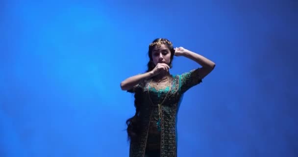 伝統的な衣装やジュエリーの熟練したダンサーによるこのインドのダンスパフォーマンスは 表情豊かな手のジェスチャーと魅惑的な表情を備えています — ストック動画