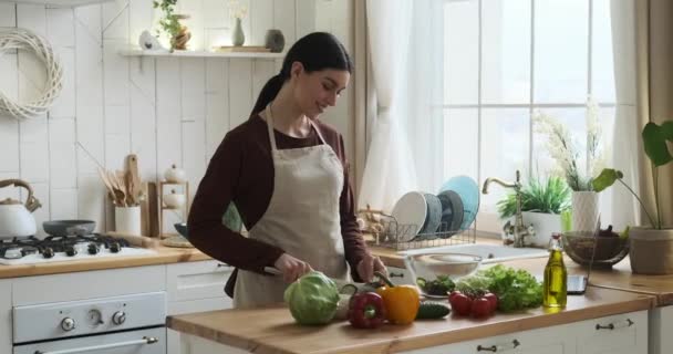 Radostná Běloška Stojící Kuchyni Oblečená Kuchyňské Zástěře Rozzářeným Úsměvem Ona — Stock video
