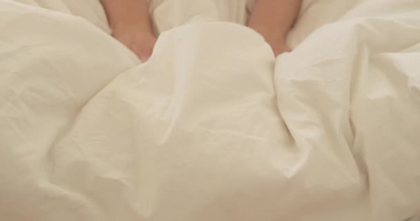 Hands Size Caucasian Woman Delicately Clasp Soft Folds Her Blanket — Stock Video