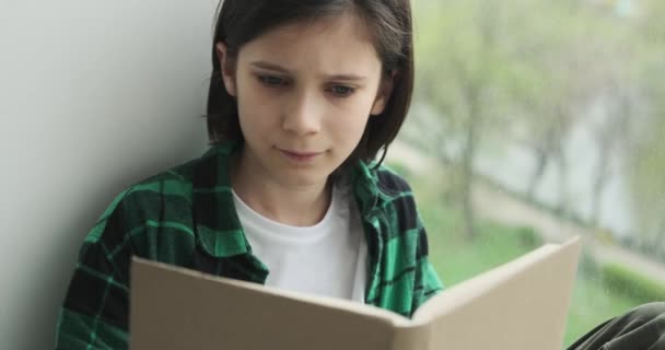 窓辺の少年は本のページに横たわっていた 彼は想像の世界に飛び込み 彼の前に展開する物語に完全に吸収されます — ストック動画