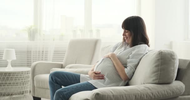 Een Zwangere Vrouw Bank Streelt Haar Bloeiende Buik Met Een — Stockvideo