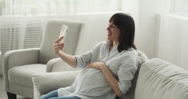 Egy Terhes Anya Aki Kanapén Értelmes Beszélgetést Folytat Egy Videóhíváson — Stock videók