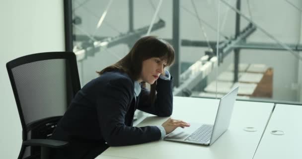 Professional Office Setting Weary Businesswoman Sits Desk Diligently Working Her — Stock Video