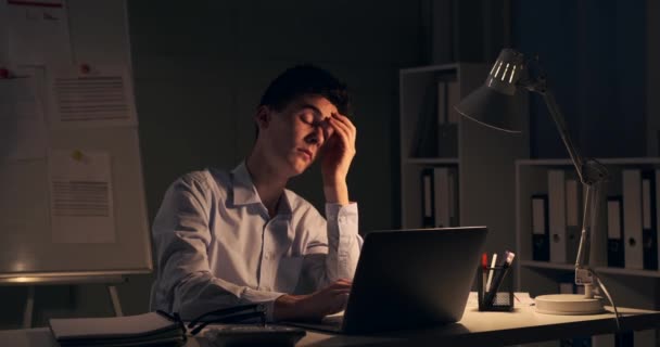 Disheartened Weary Businessman Seen Closing His Laptop Tired Troubled Expression — Stock Video