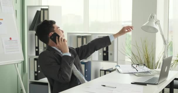 Usmívající Kancelářský Pracovník Vidět Jak Vede Telefonickou Konverzaci Kanceláři Vřelým — Stock video